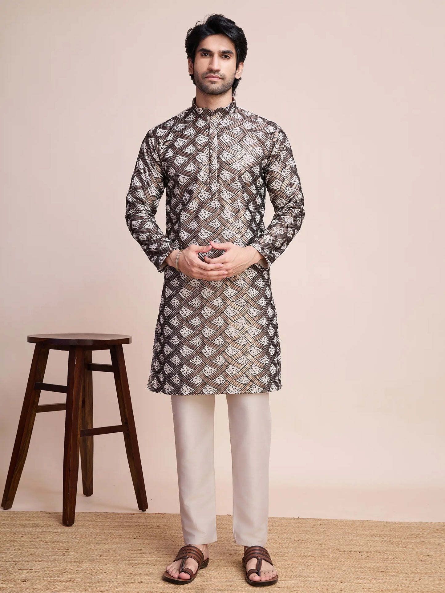 Beige Silk Kurta With Thread & Sequins Embroidered Work