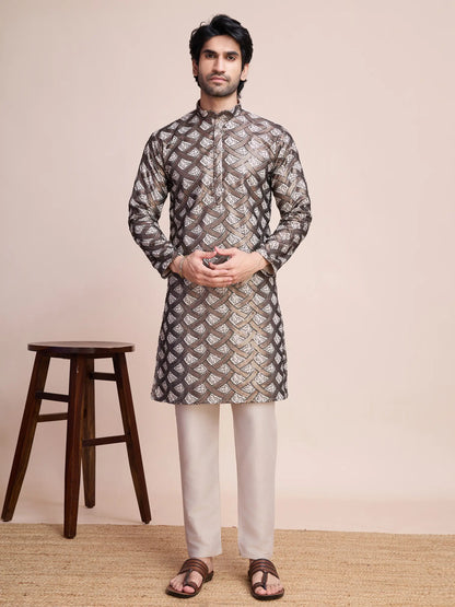 Beige Silk Kurta With Thread & Sequins Embroidered Work