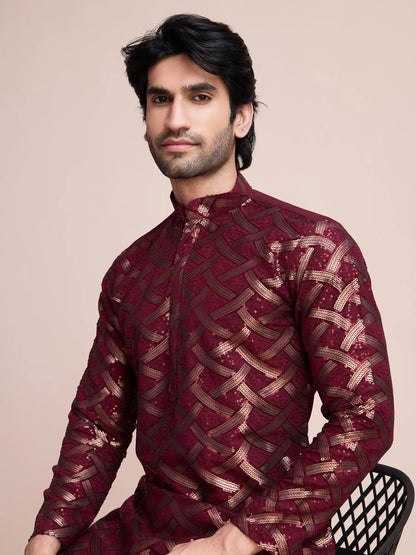Maroon Silk Kurta With Thread & Sequins Embroidered Work