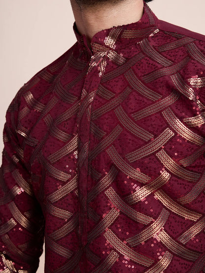 Maroon Silk Kurta With Thread & Sequins Embroidered Work