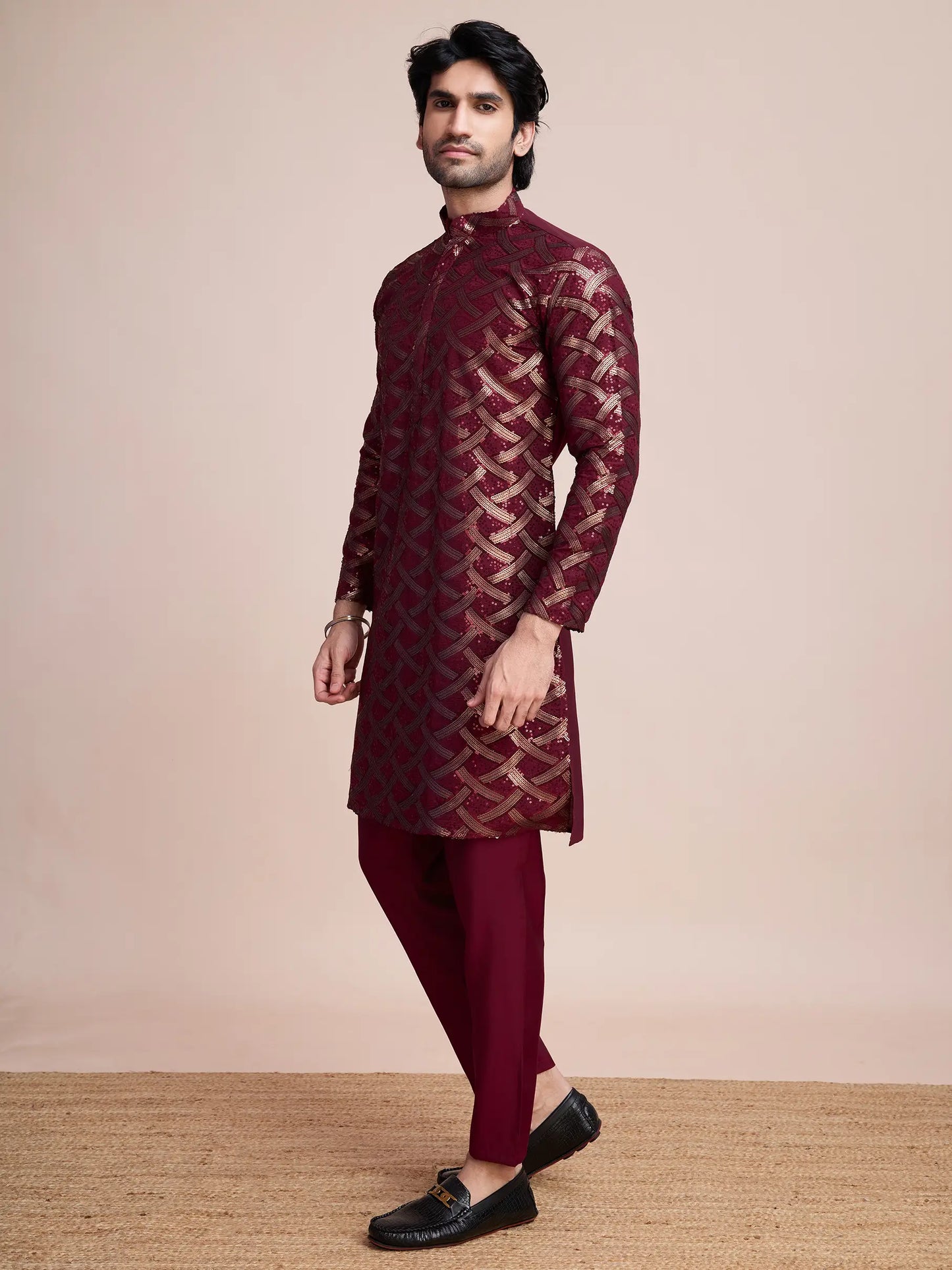 Maroon Silk Kurta With Thread & Sequins Embroidered Work
