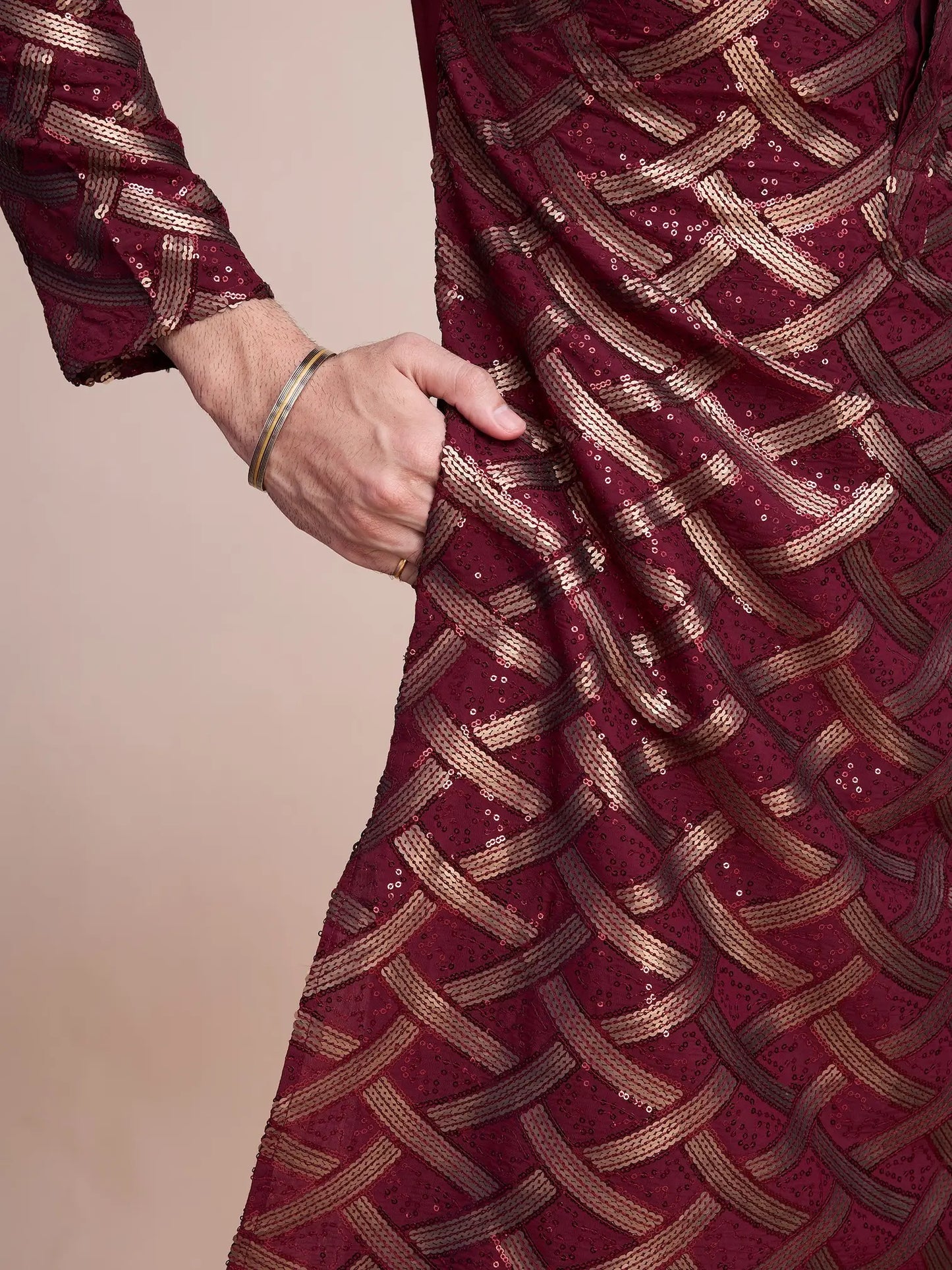 Maroon Silk Kurta With Thread & Sequins Embroidered Work