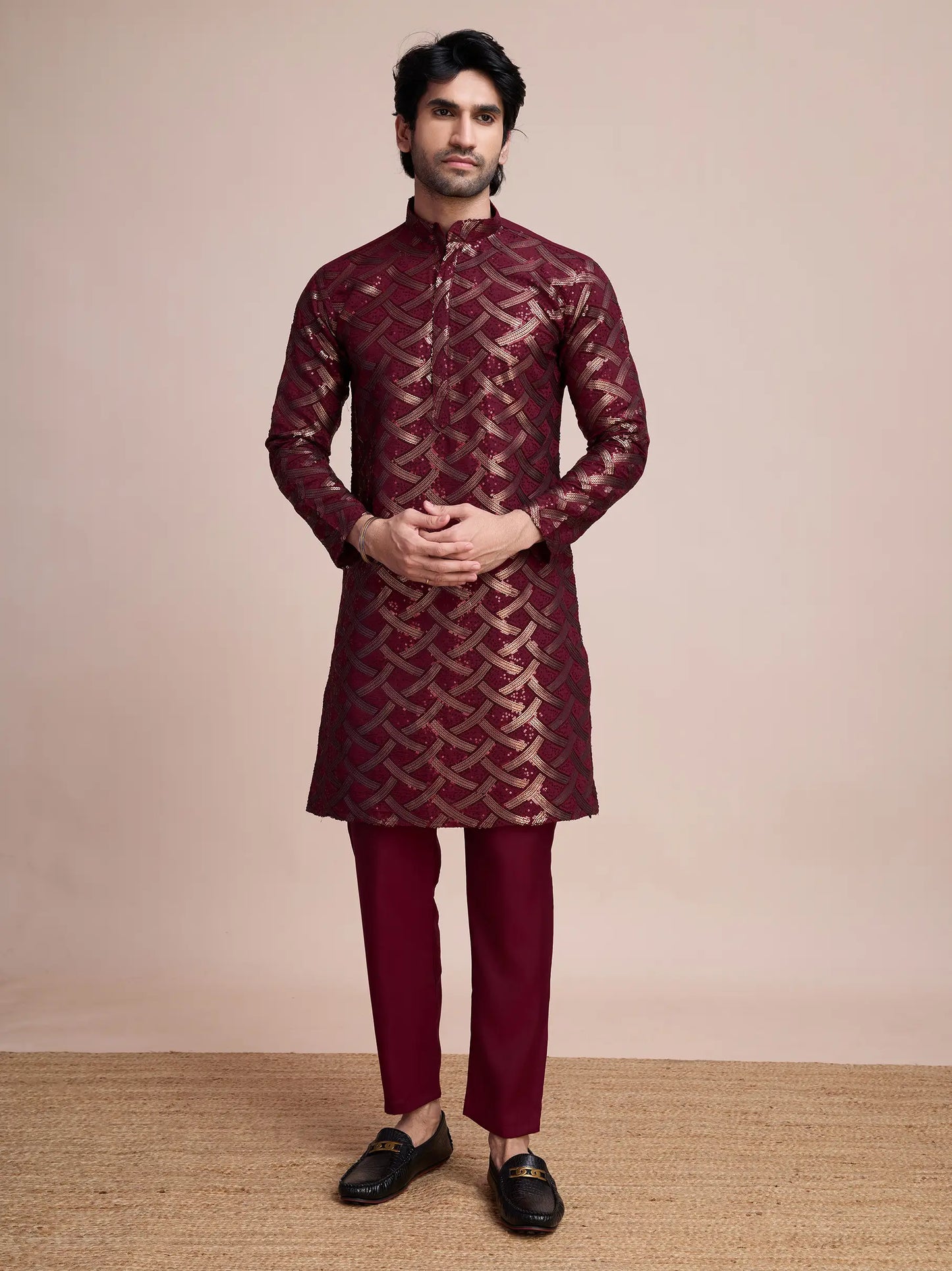Maroon Silk Kurta With Thread & Sequins Embroidered Work