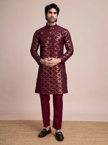 Maroon Silk Kurta With Thread & Sequins Embroidered Work