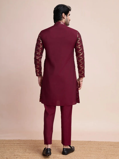 Maroon Silk Kurta With Thread & Sequins Embroidered Work