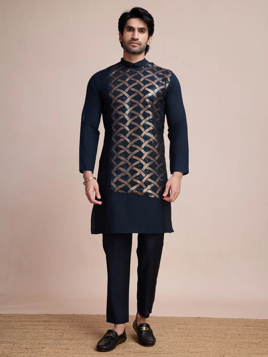 Navy Blue Silk Thread & Sequins Embroidered Work Kurta