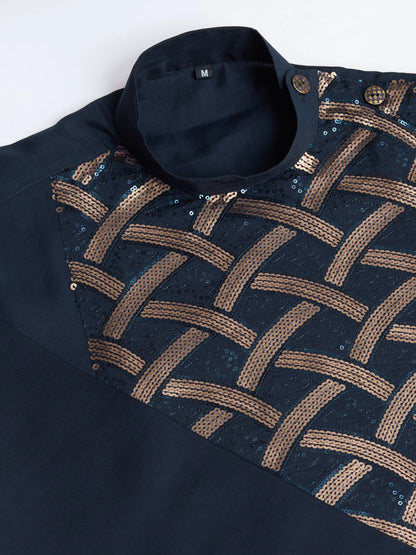 Navy Blue Silk Thread & Sequins Embroidered Work Kurta