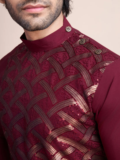 Maroon Silk Thread & Sequins Embroidered Work Kurta