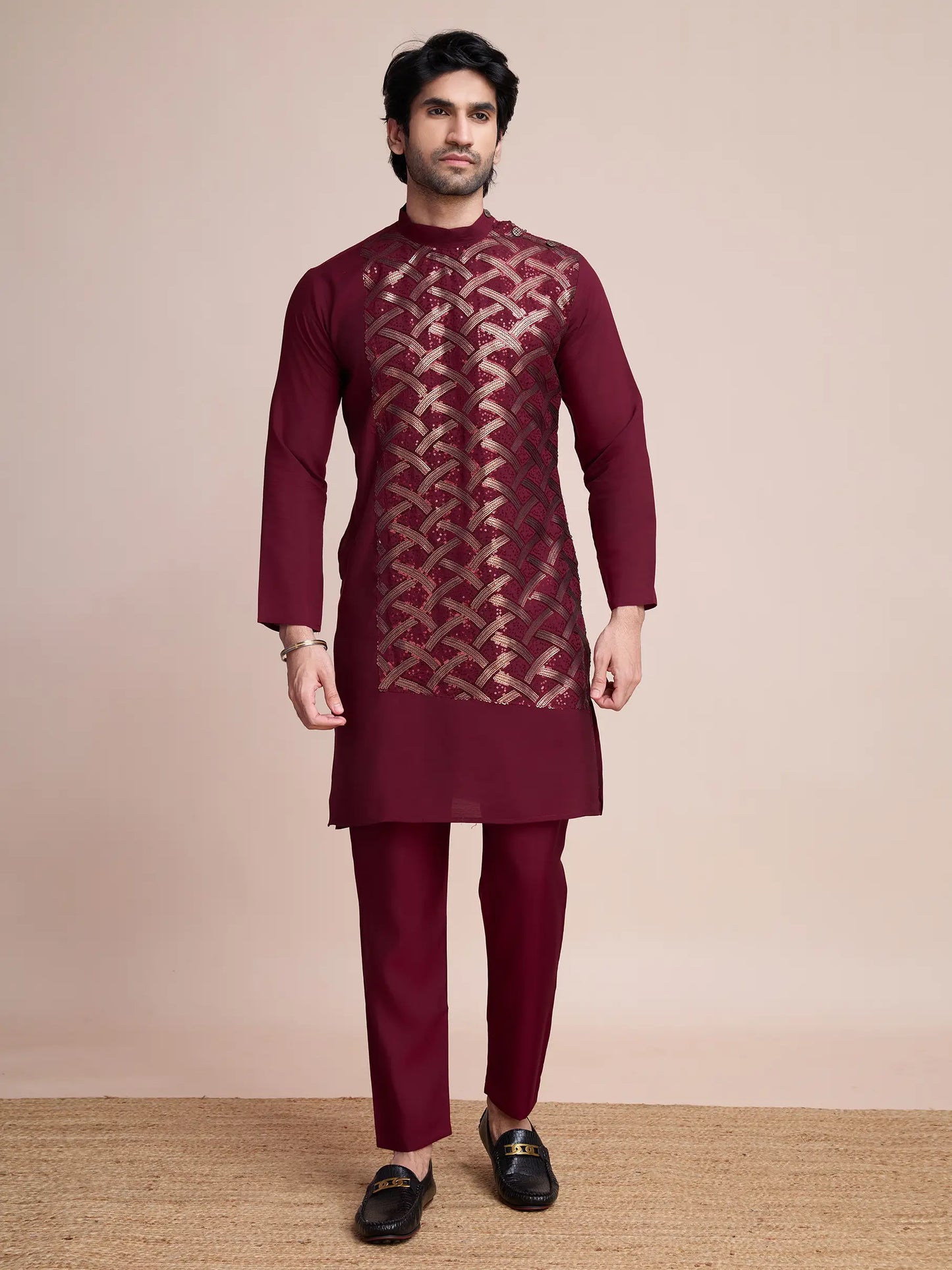 Maroon Silk Thread & Sequins Embroidered Work Kurta