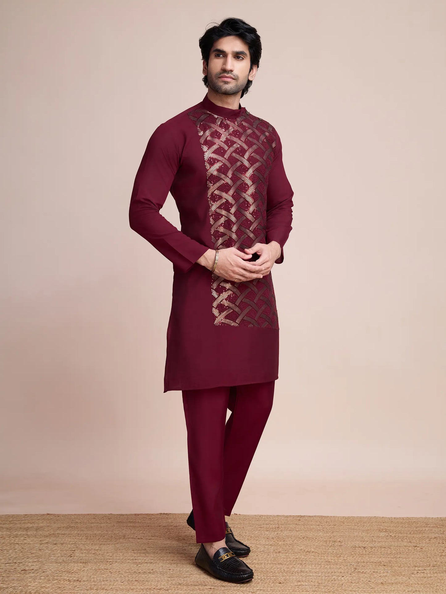 Maroon Silk Thread & Sequins Embroidered Work Kurta