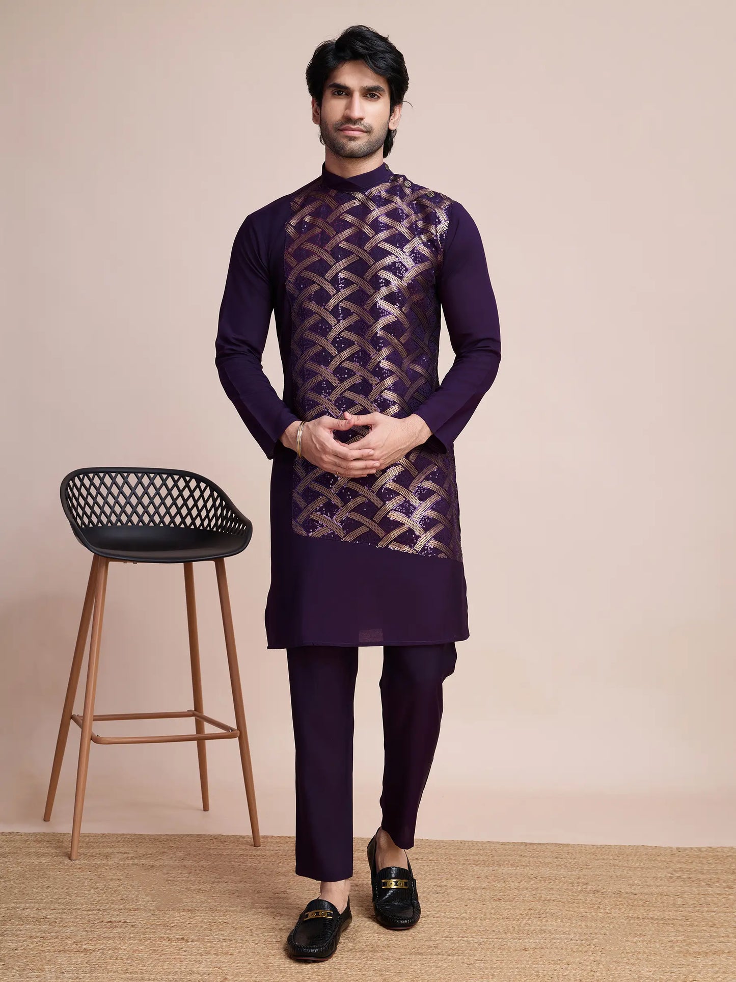 Purple Silk Thread & Sequins Embroidered Work Kurta