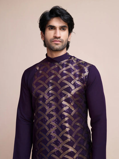 Purple Silk Thread & Sequins Embroidered Work Kurta
