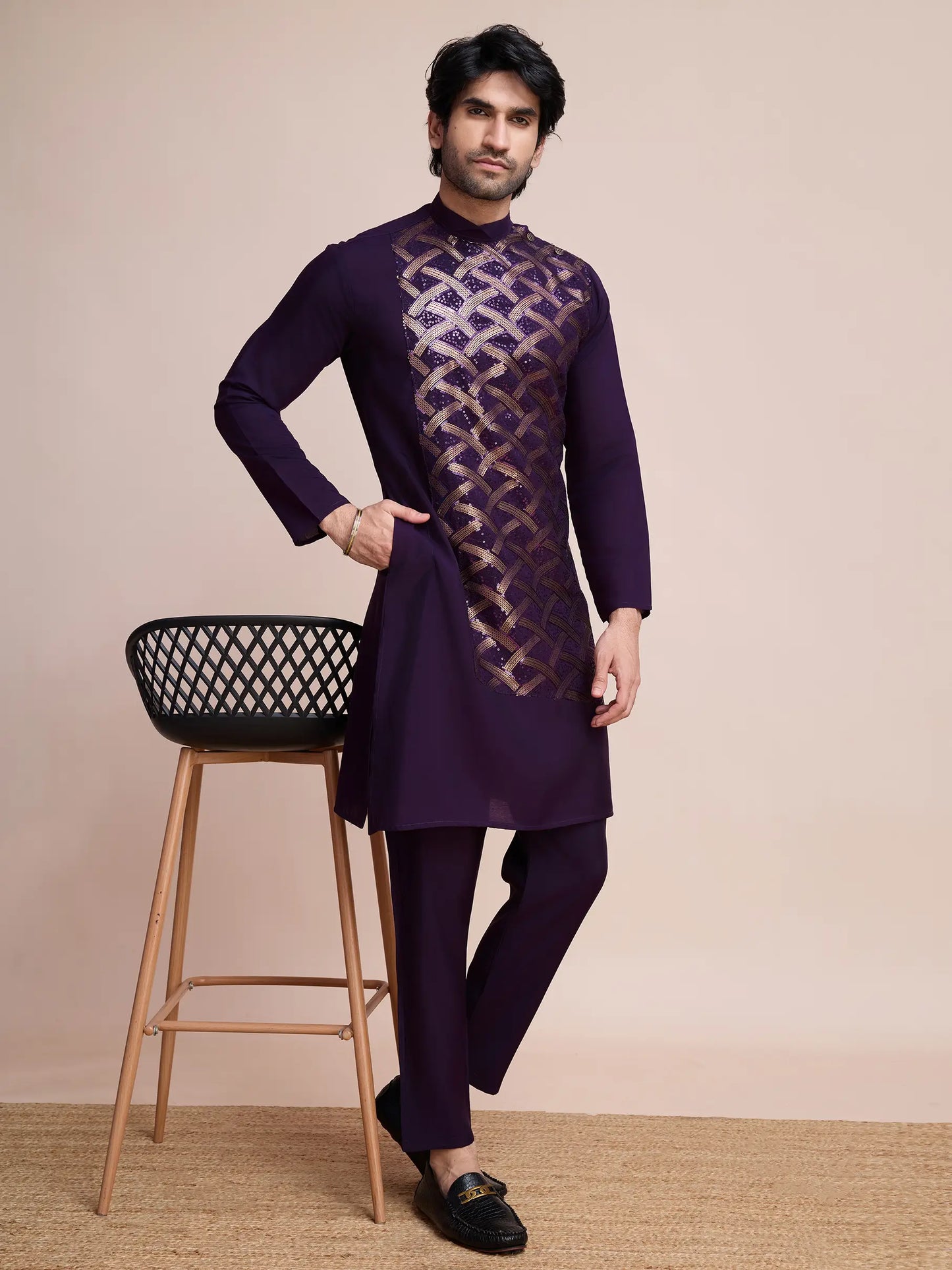 Purple Silk Thread & Sequins Embroidered Work Kurta