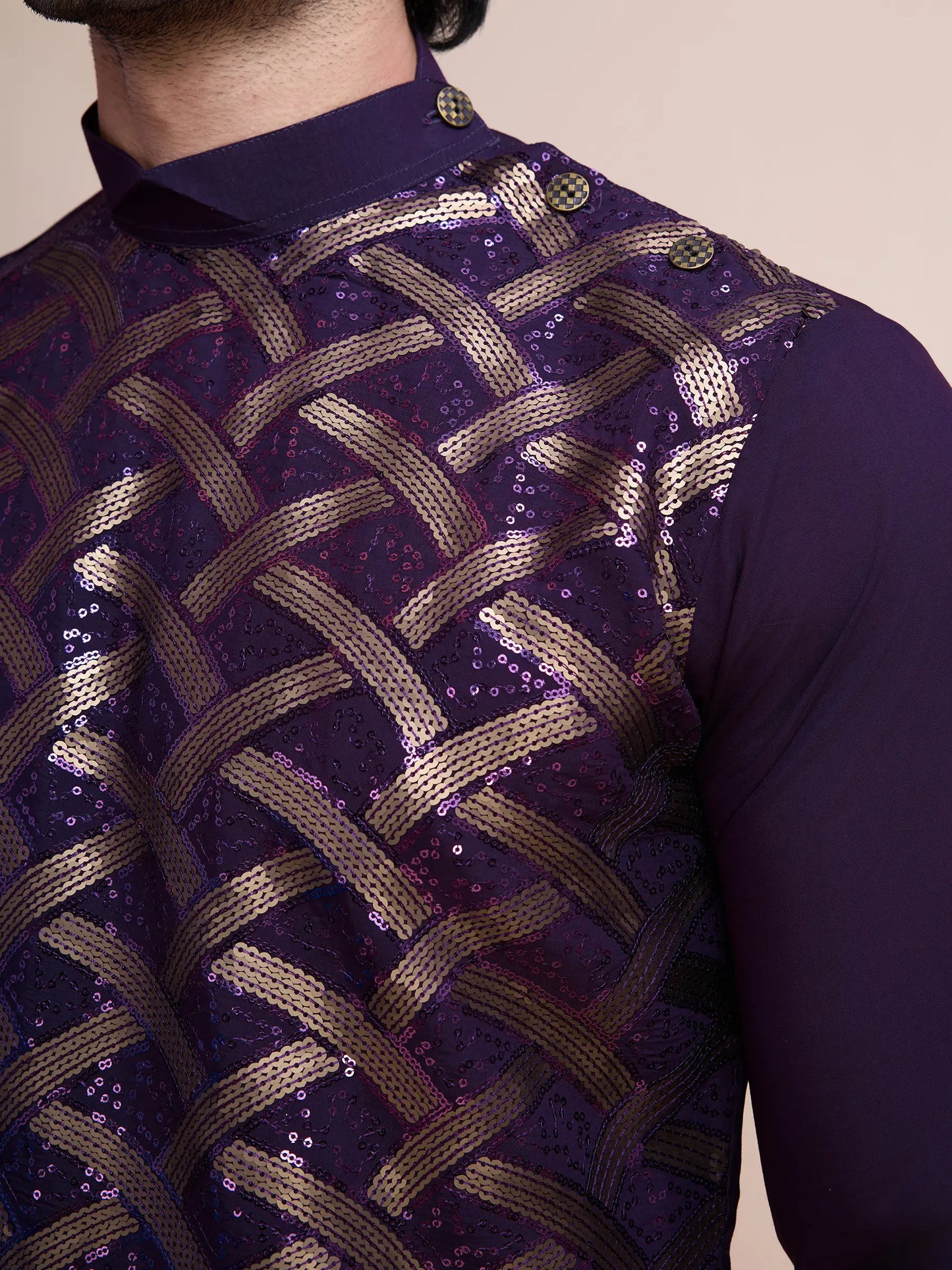 Purple Silk Thread & Sequins Embroidered Work Kurta