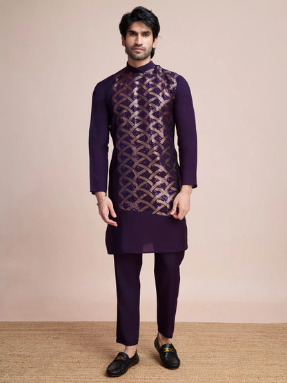 Purple Silk Thread & Sequins Embroidered Work Kurta