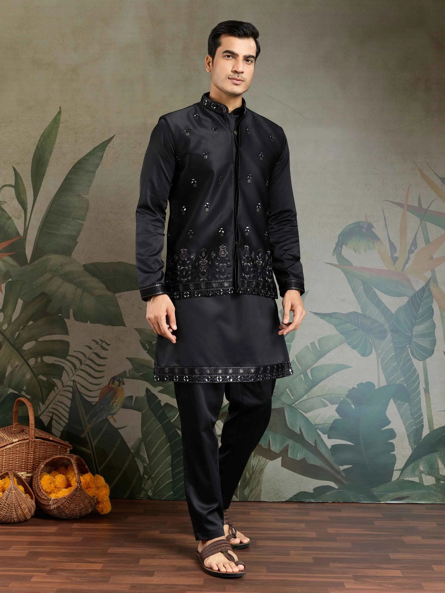 Black Real Mirror Thread & Sequins Embroidery Work Silk Kurta Set With Jacket