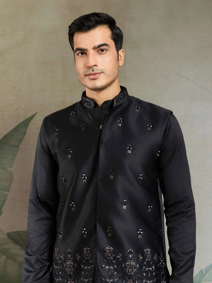 Black Real Mirror Thread & Sequins Embroidery Work Silk Kurta Set With Jacket