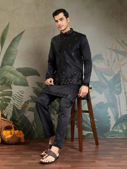 Black Real Mirror Thread & Sequins Embroidery Work Silk Kurta Set With Jacket