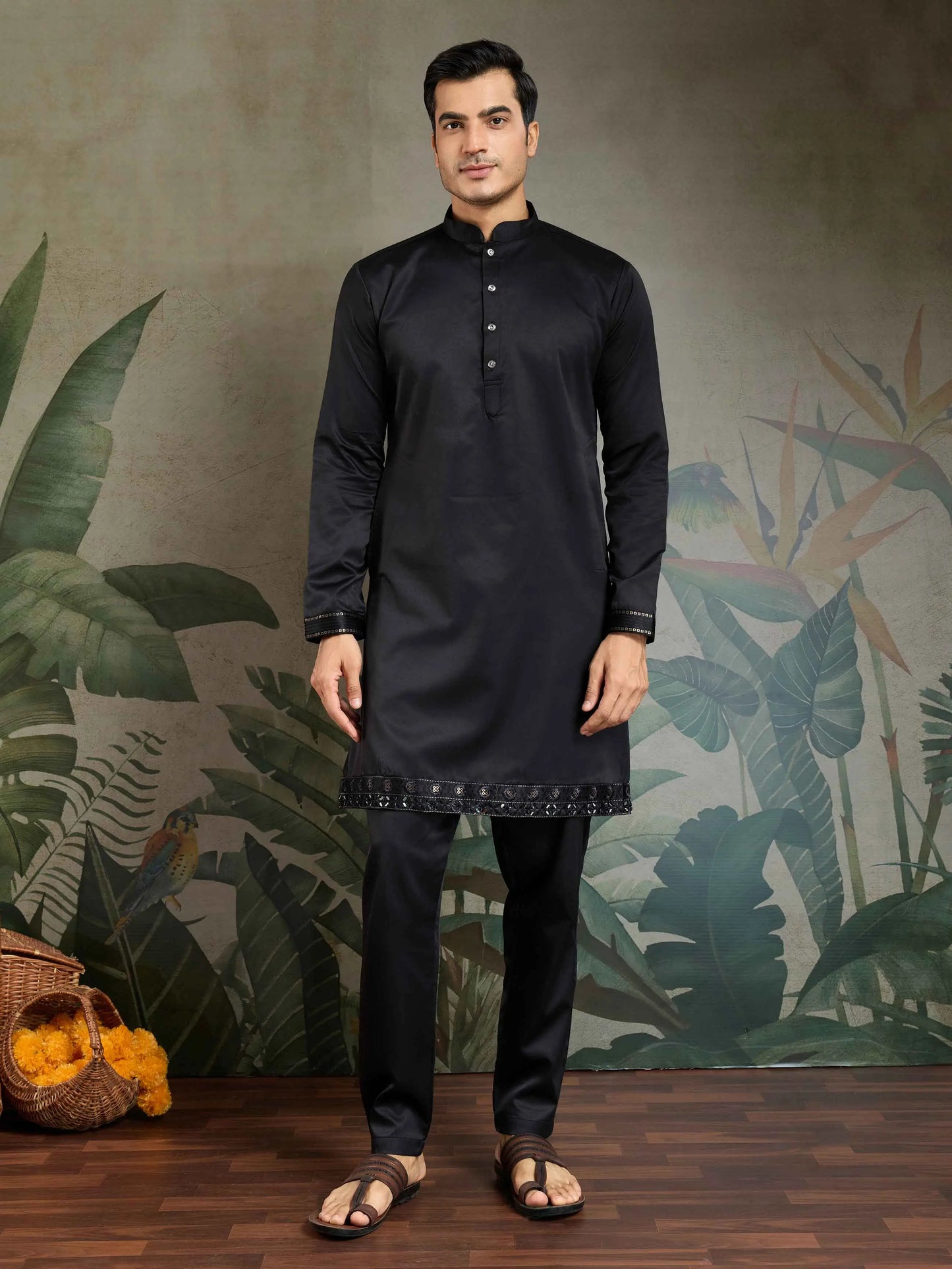 Black Real Mirror Thread & Sequins Embroidery Work Silk Kurta Set With Jacket