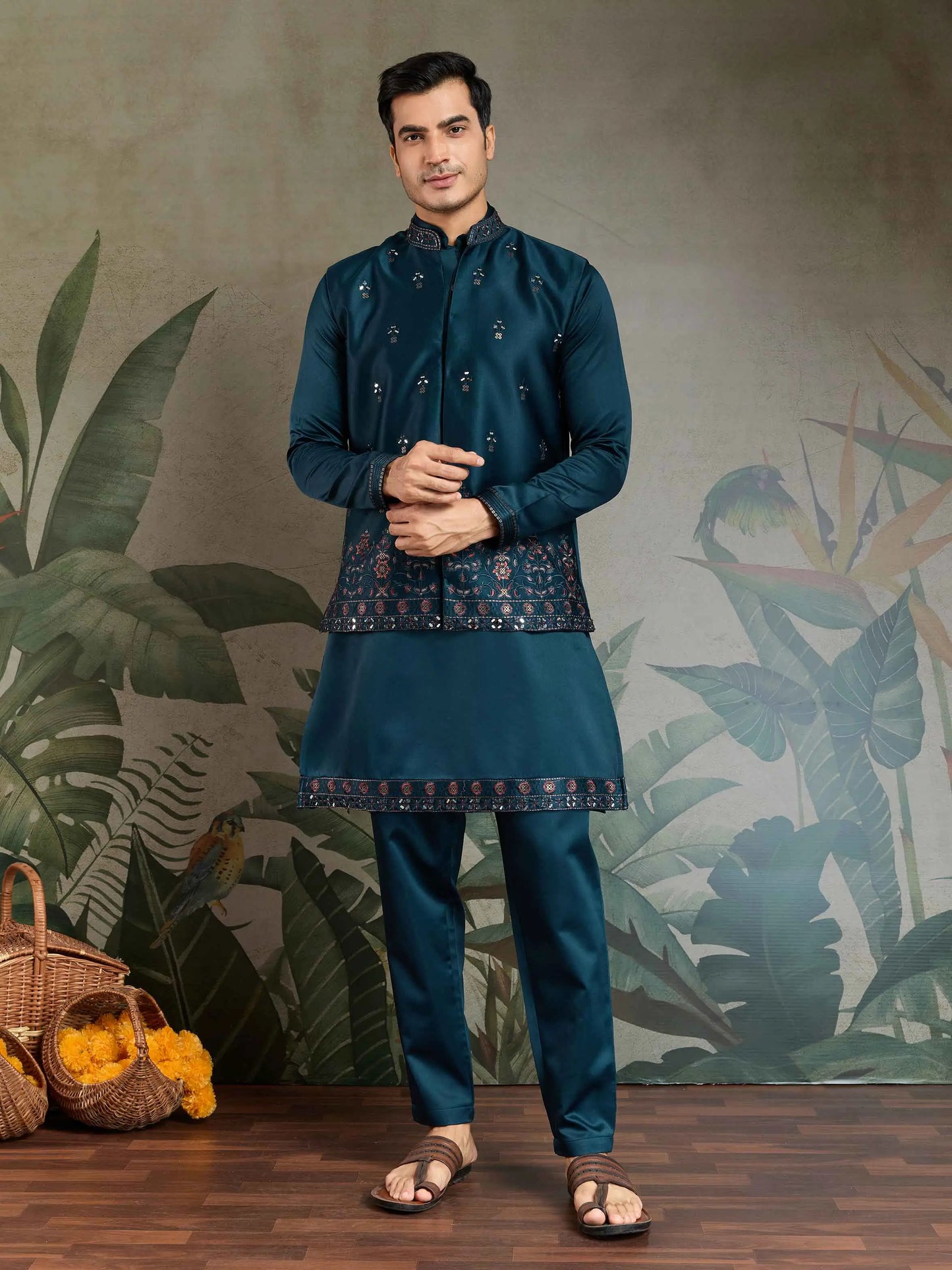 Teal Blue Real Mirror Thread Sequins Embroidery Work Silk Kurta Set With Koti