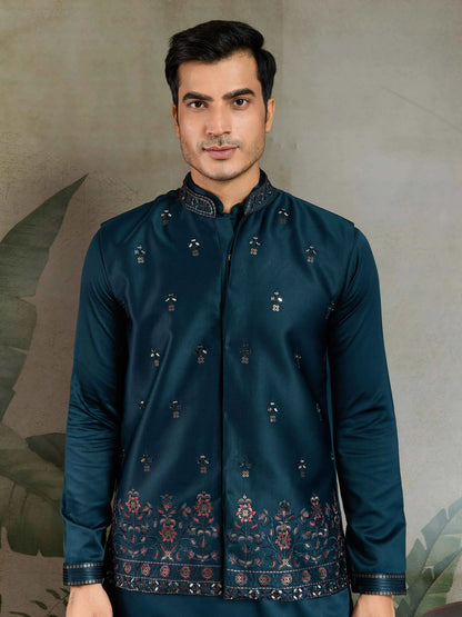 Teal Blue Real Mirror Thread Sequins Embroidery Work Silk Kurta Set With Koti