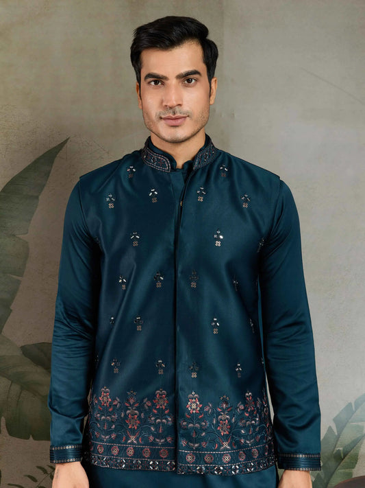 Teal Blue Real Mirror Thread Sequins Embroidery Work Silk Kurta Set With Koti