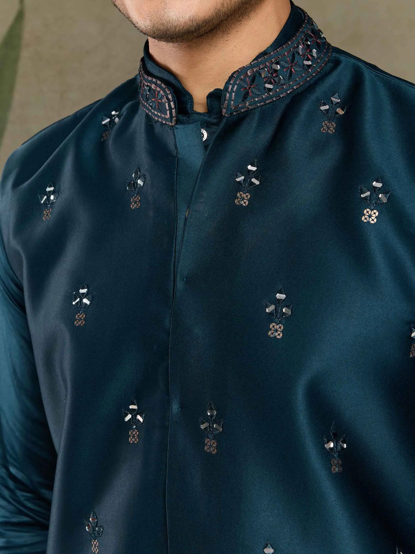 Teal Blue Real Mirror Thread Sequins Embroidery Work Silk Kurta Set With Koti