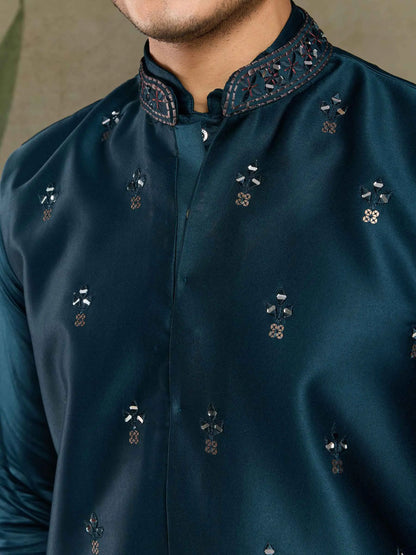 Teal Blue Real Mirror Thread Sequins Embroidery Work Silk Kurta Set With Koti