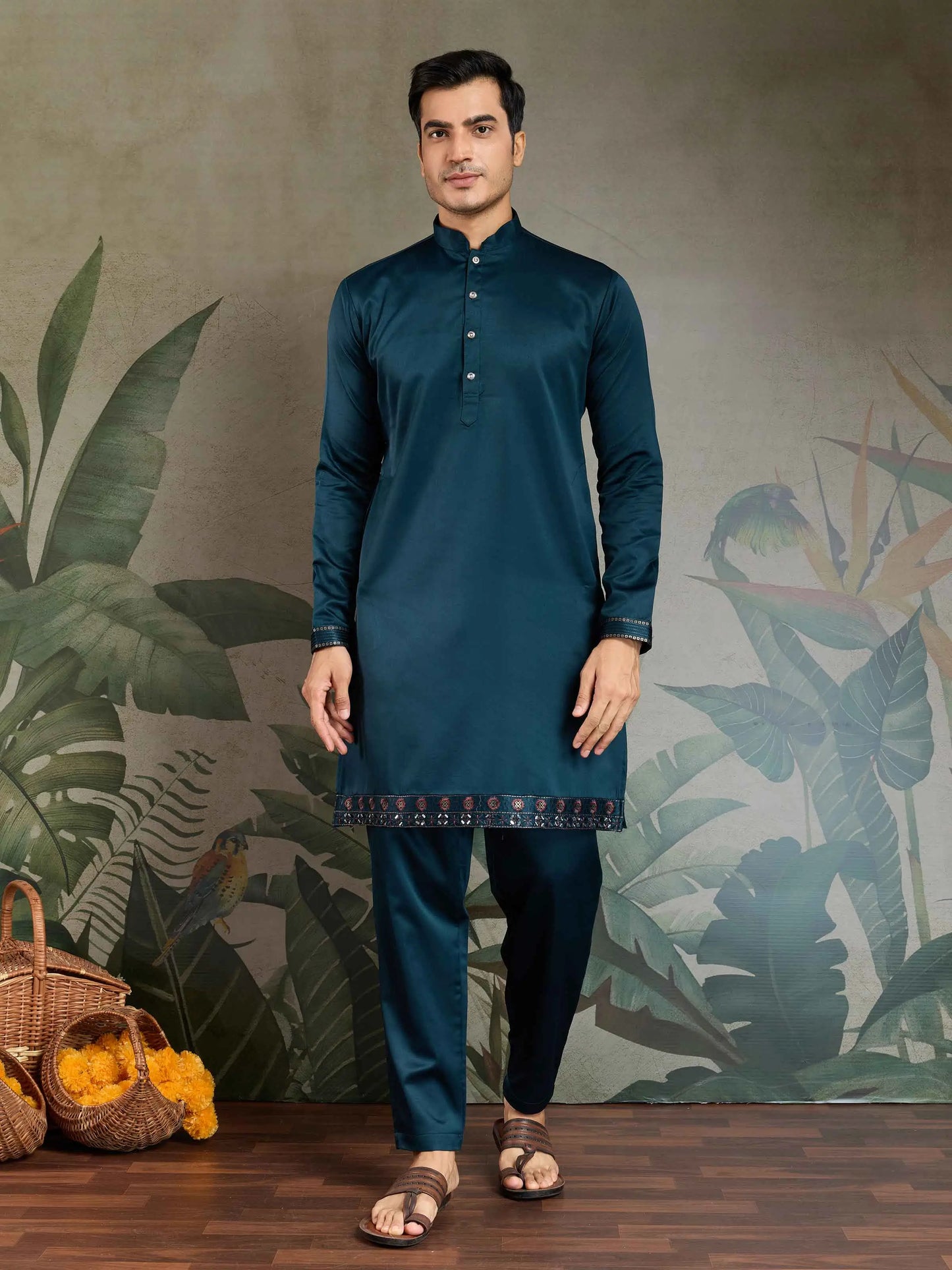 Teal Blue Real Mirror Thread Sequins Embroidery Work Silk Kurta Set With Koti