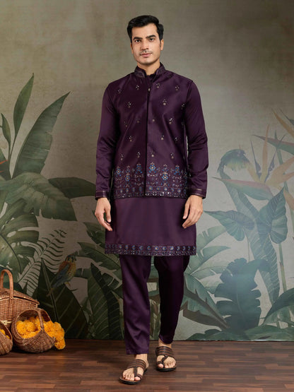 Dark Purple Silk Kurta Set With Real Mirror Thread Sequins Embroidery Work Koti
