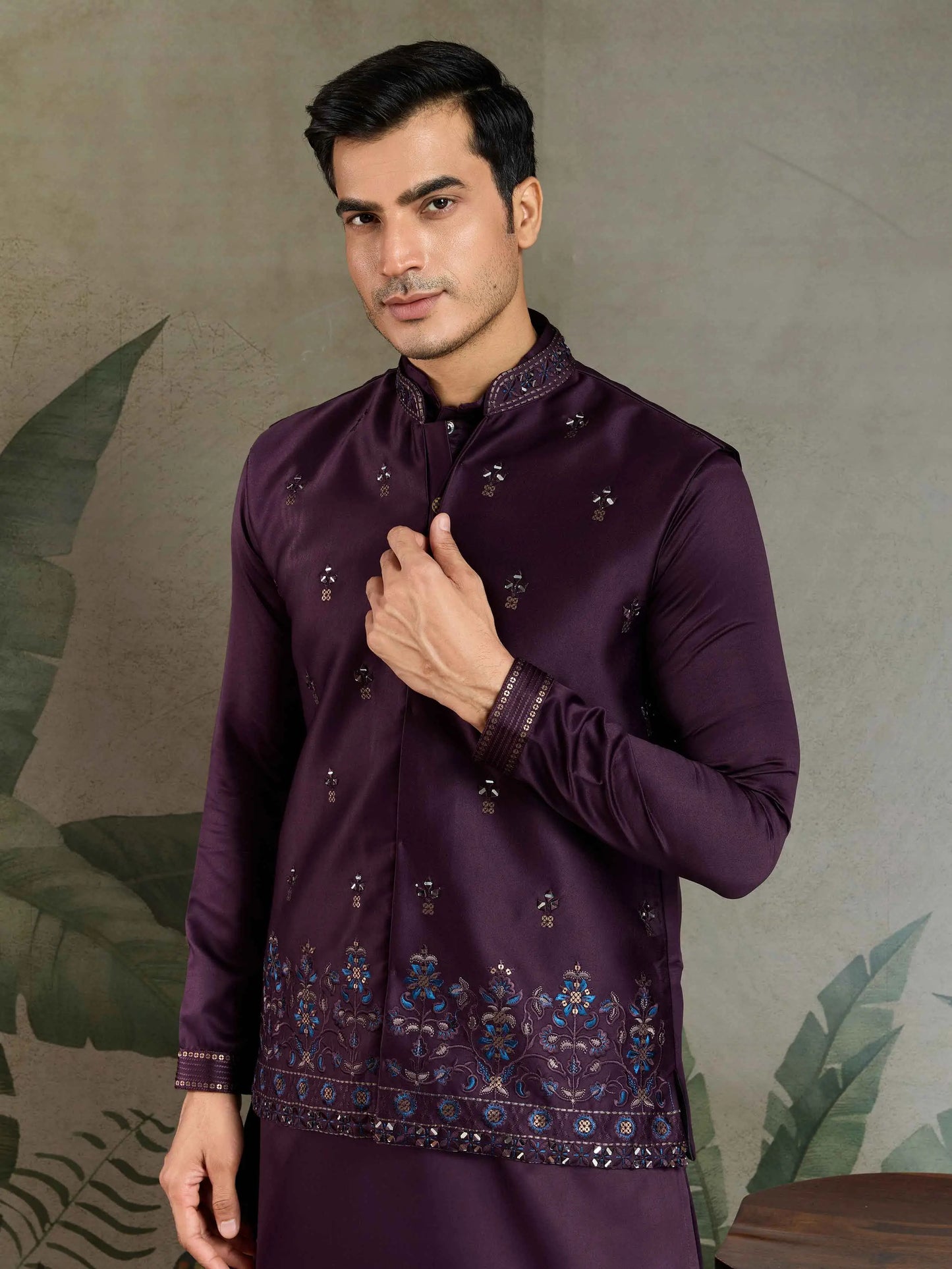 Dark Purple Silk Kurta Set With Real Mirror Thread Sequins Embroidery Work Koti