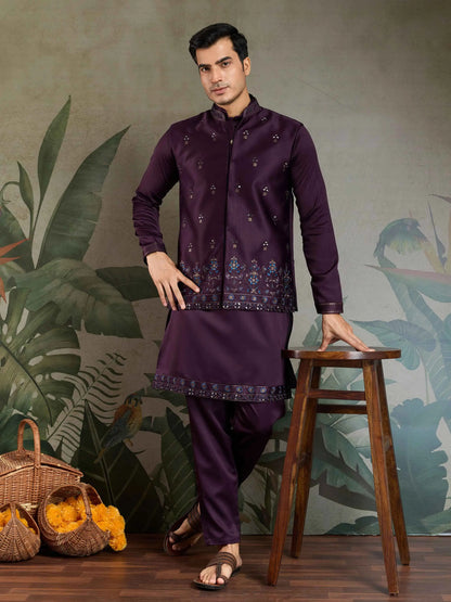 Dark Purple Silk Kurta Set With Real Mirror Thread Sequins Embroidery Work Koti