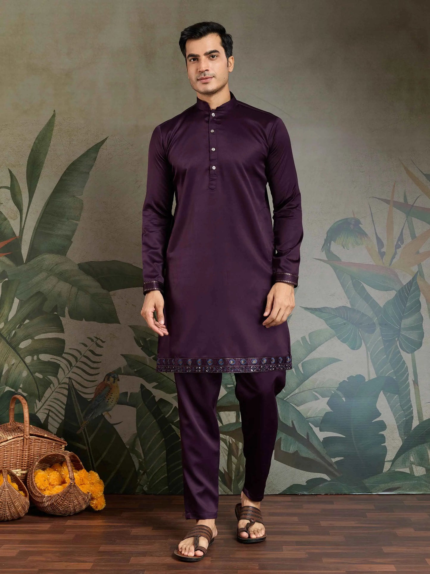Dark Purple Silk Kurta Set With Real Mirror Thread Sequins Embroidery Work Koti