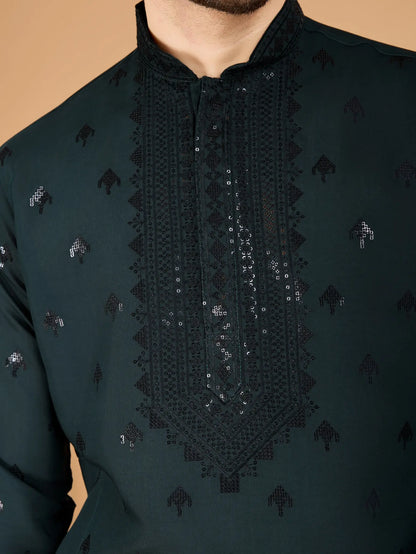 Green Silk Thread & Sequence Embroidered Work Kurta With Pant & Dupatta