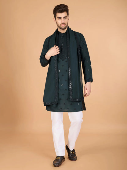Green Silk Thread & Sequence Embroidered Work Kurta With Pant & Dupatta