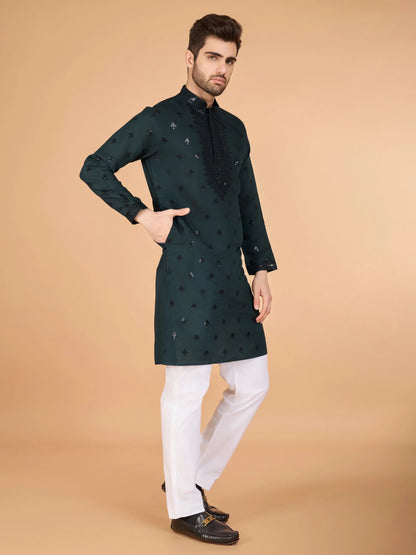 Green Silk Thread & Sequence Embroidered Work Kurta With Pant & Dupatta