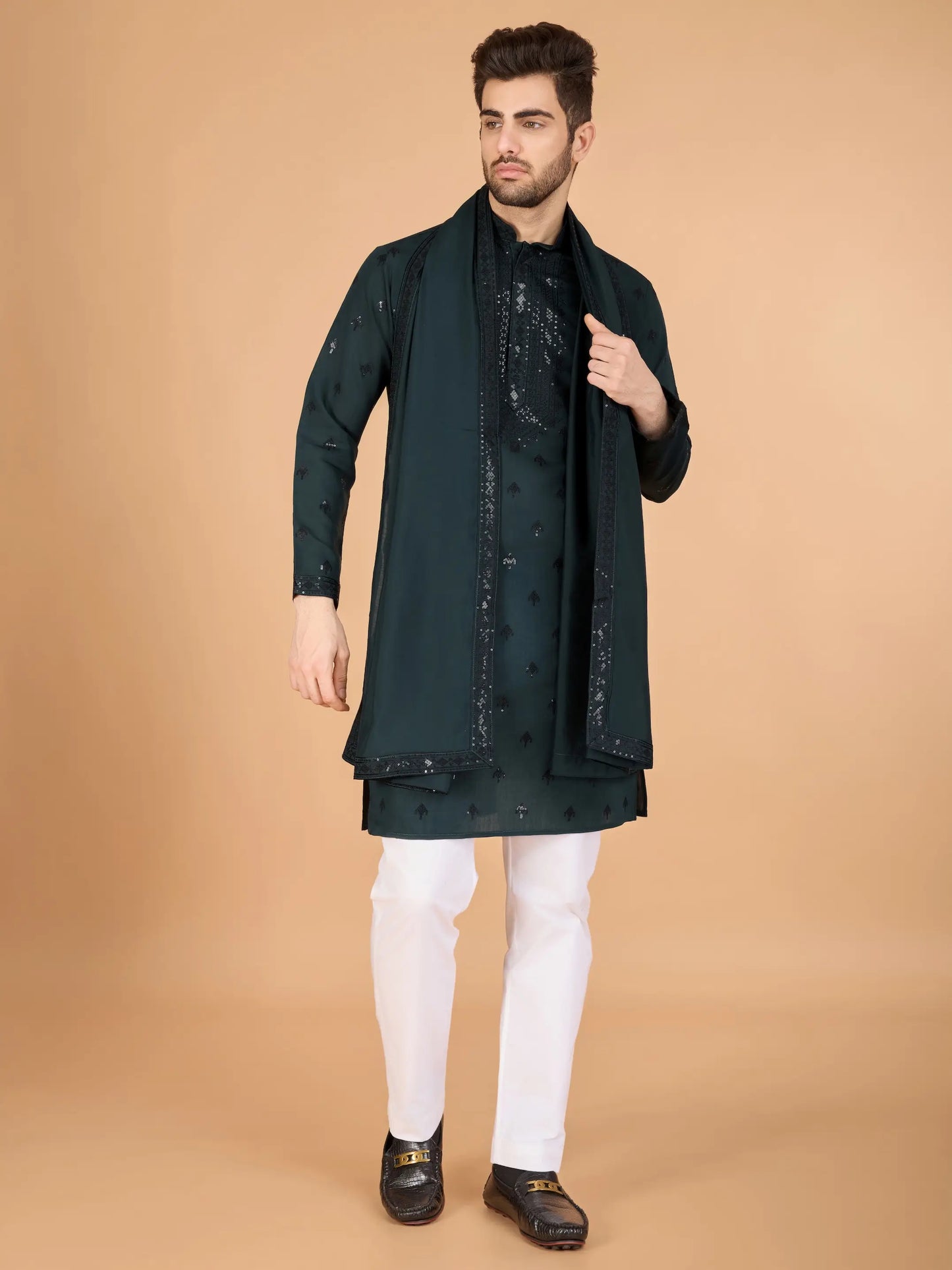 Green Silk Thread & Sequence Embroidered Work Kurta With Pant & Dupatta
