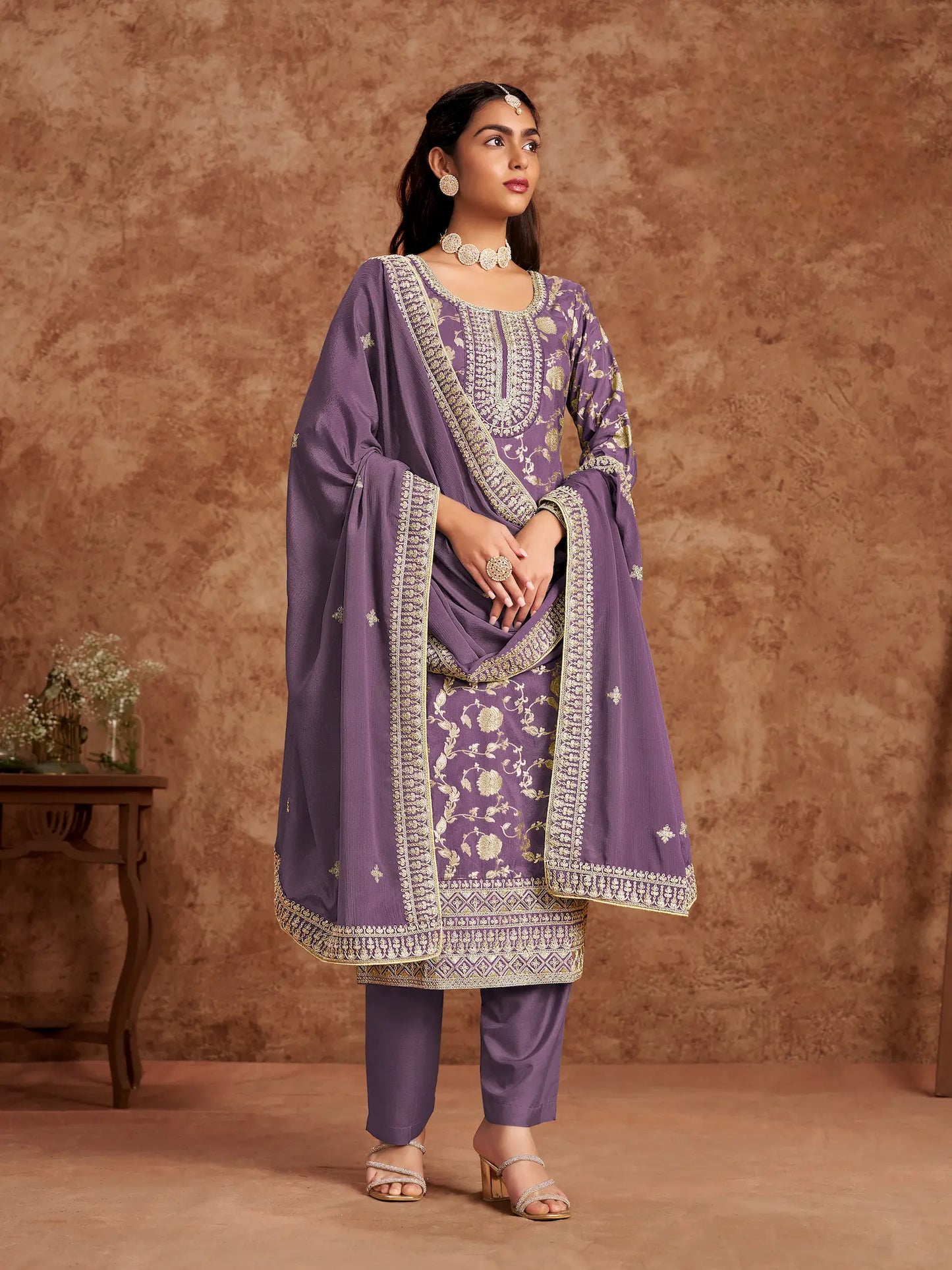Purple Dola Silk Palazzo Salwar Suit With Thread & Sequins Embroidery Work