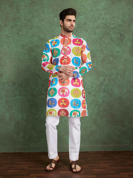 Multi Color Digital Print With Embroidery Work Rayon Kurta Set