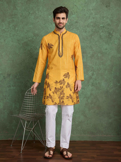Mustard Yellow Digital Print With Embroidery Work Rayon Kurta With Pant