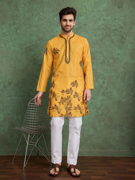 Mustard Yellow Digital Print With Embroidery Work Rayon Kurta With Pant