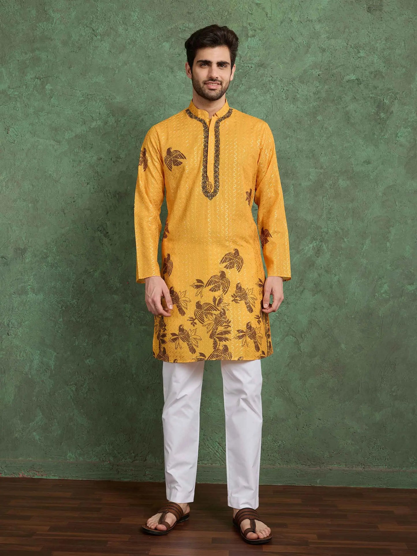 Mustard Yellow Digital Print With Embroidery Work Rayon Kurta With Pant