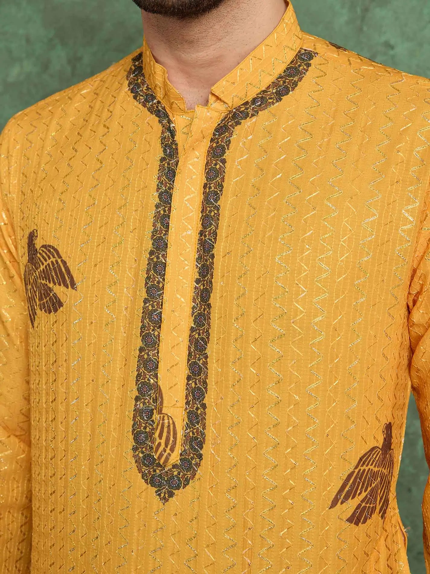 Mustard Yellow Digital Print With Embroidery Work Rayon Kurta With Pant