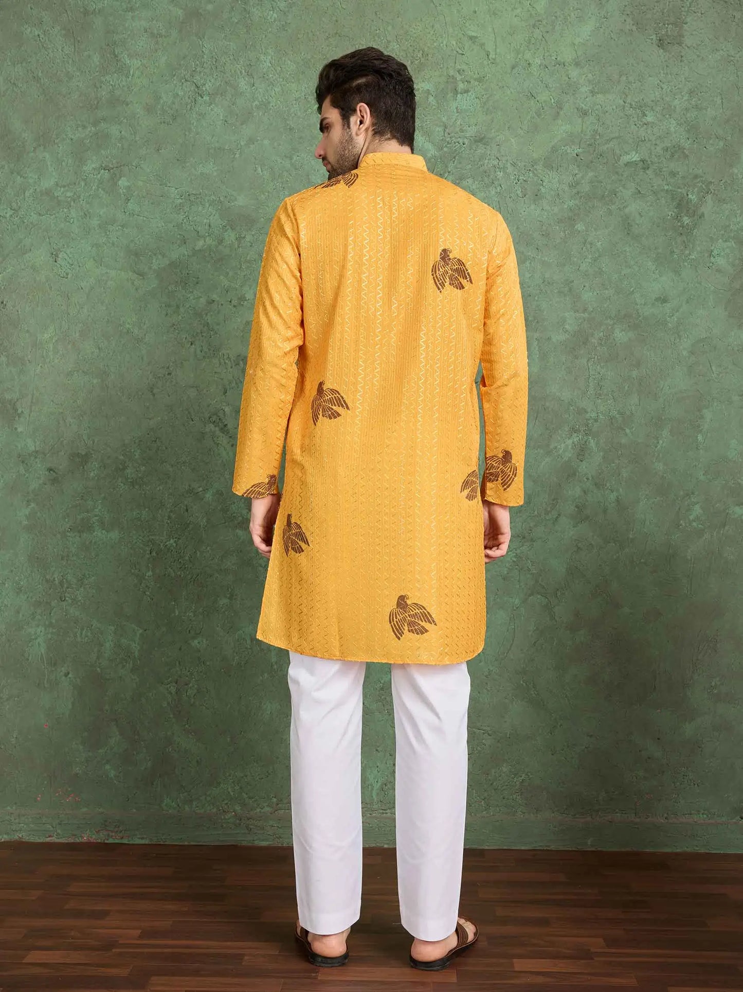Mustard Yellow Digital Print With Embroidery Work Rayon Kurta With Pant