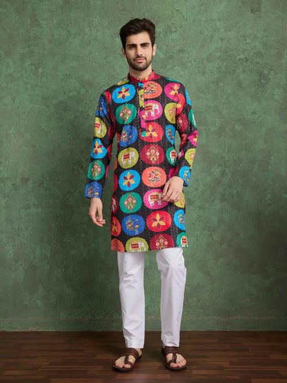 Black Multi Color Digital Print With Embroidery Work Rayon Kurta Set