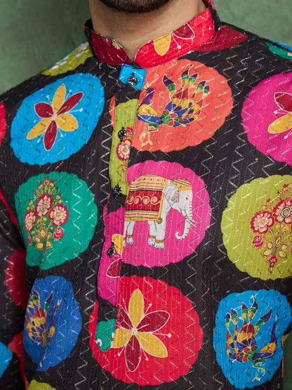 Black Multi Color Digital Print With Embroidery Work Rayon Kurta Set