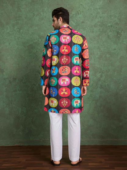 Black Multi Color Digital Print With Embroidery Work Rayon Kurta Set