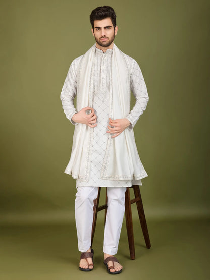 White Silk Thread & Sequence Embroidered Work Kurta With Pant & Dupatta