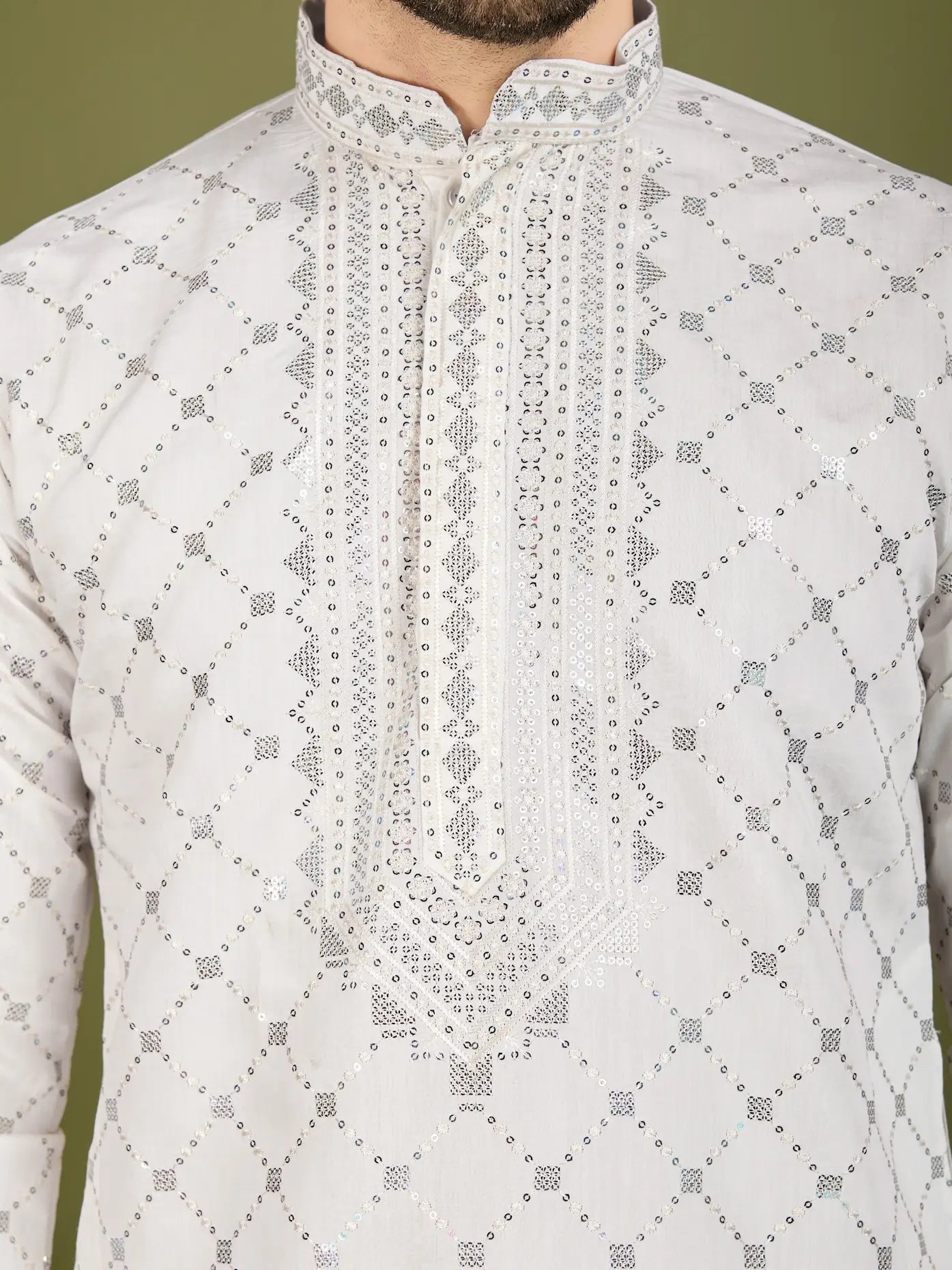 White Silk Thread & Sequence Embroidered Work Kurta With Pant & Dupatta