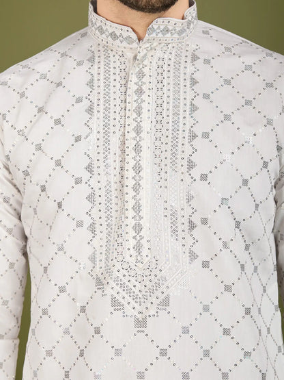 White Silk Thread & Sequence Embroidered Work Kurta With Pant & Dupatta